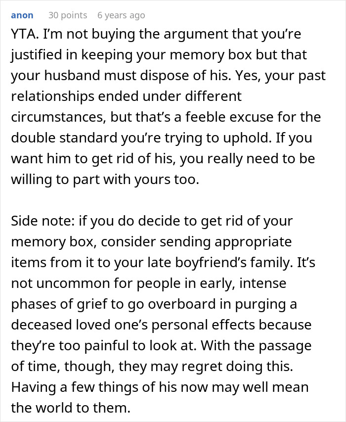 Text discussing hypocrisy as a wife wants husband to toss ex-GF&rsquo;s memory box but keep her late ex-BF&rsquo;s items