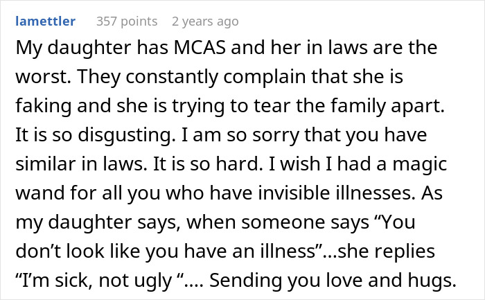 Text post discussing frustration with in-laws and challenges of living with MCAS and invisible illnesses.