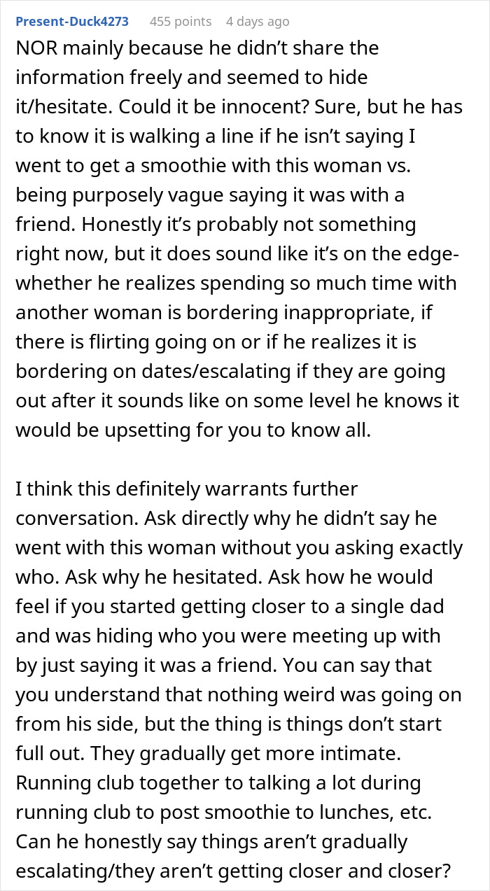 Woman questions boundaries after husband goes running with divorced mom, concerned about smoothy outings and closeness.