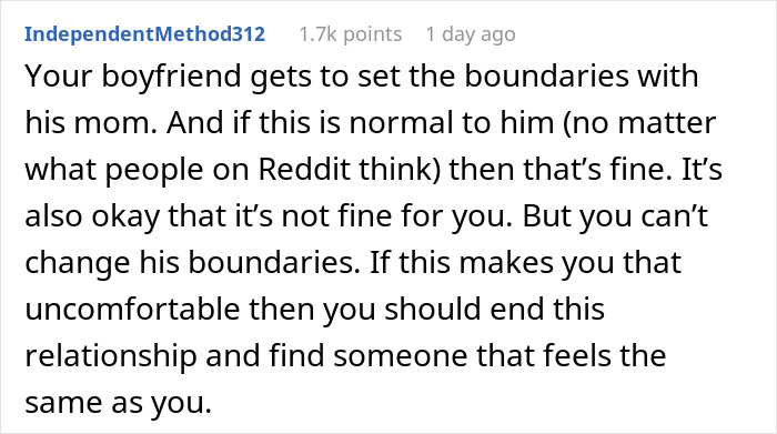 Comment discussing boyfriend&rsquo;s boundaries with his mom and woman feeling uncomfortable, related to woman boyfriend affectionate mom.