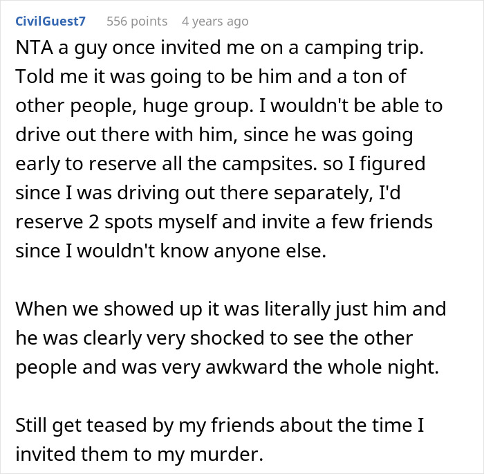 ALT text: Online comment sharing a petty response story about a creepy coworker and an awkward camping trip surprise.