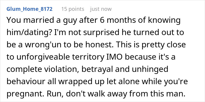 Screenshot of an online comment discussing betrayal and loyalty test involving a husband posing as pregnant wife to message her ex.