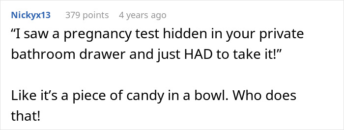 Comment about finding a pregnancy test in a bathroom drawer and taking it unexpectedly, leading to surprise and humor. Comment about finding a pregnancy test in a bathroom drawer and taking it unexpectedly, leading to surprise and humor.