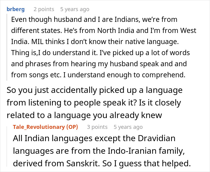 Reddit user explains picking up husband parents native language by listening and understanding without formally learning it.