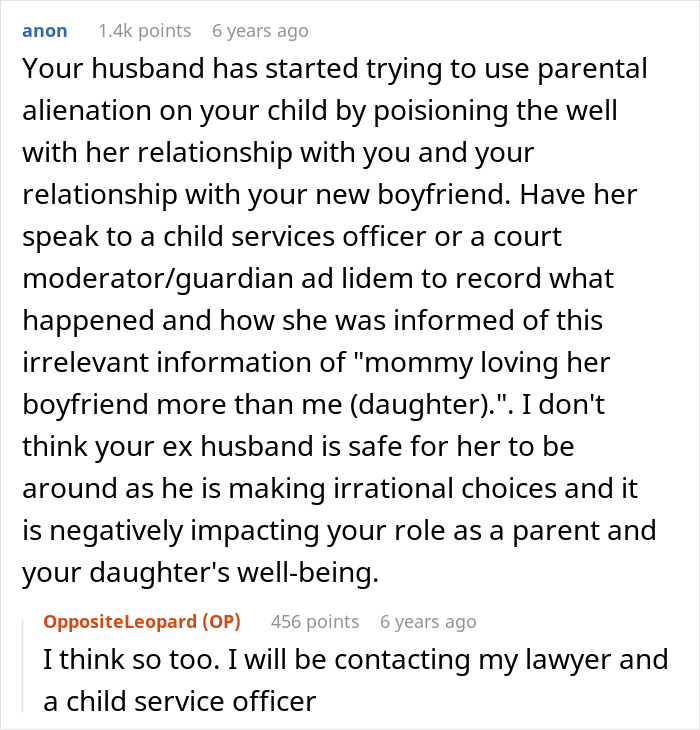 Comment discussing parental alienation and concerns about child safety amid essential oils poisoning incident by MIL.