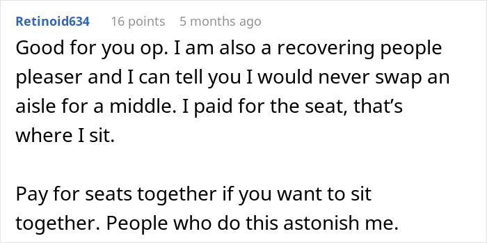 Text comment on a screen showing a woman refusing to give up her plane seat and enjoying a guilt-free nap while seated.