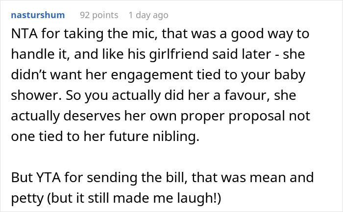 Comment discussing handling of a brother&rsquo;s proposal at a baby shower and the impact on the engagement.