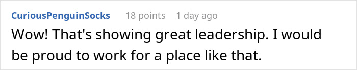 Screenshot of a forum comment praising leadership after CFO fires employee for crazy body-shaming comment on the spot.