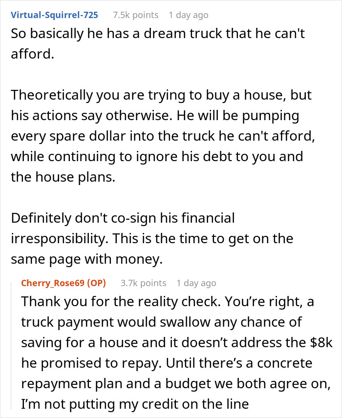 Reddit user explains financial issues involving a dream truck loan and owed inheritance affecting house savings plans.