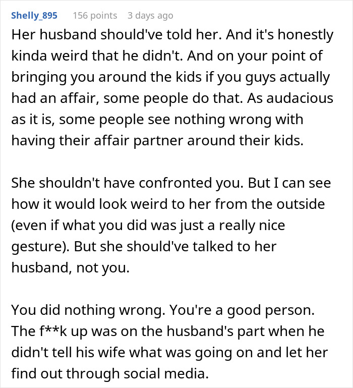 Comment discussing coworker support during a family crisis and being mistaken for a mistress in a workplace situation. Comment discussing coworker support during a family crisis and being mistaken for a mistress in a workplace situation.