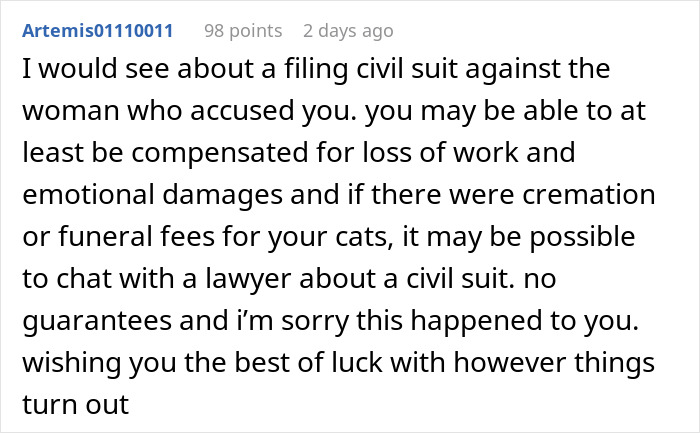 Screenshot of a forum comment discussing civil suits and consequences faced by a man proven to be not guilty of a crime.
