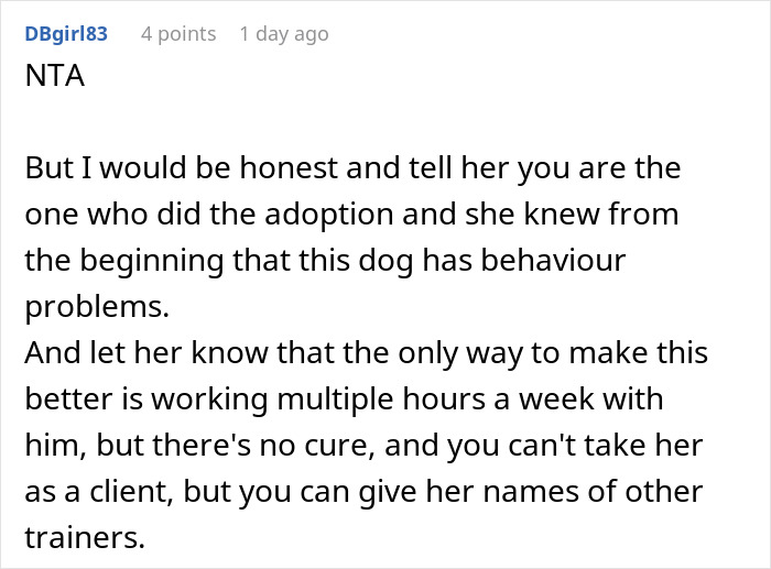 Comment discussing a woman’s regret after adopting a dog with behavior issues despite shelter advice. Comment discussing a woman’s regret after adopting a dog with behavior issues despite shelter advice.