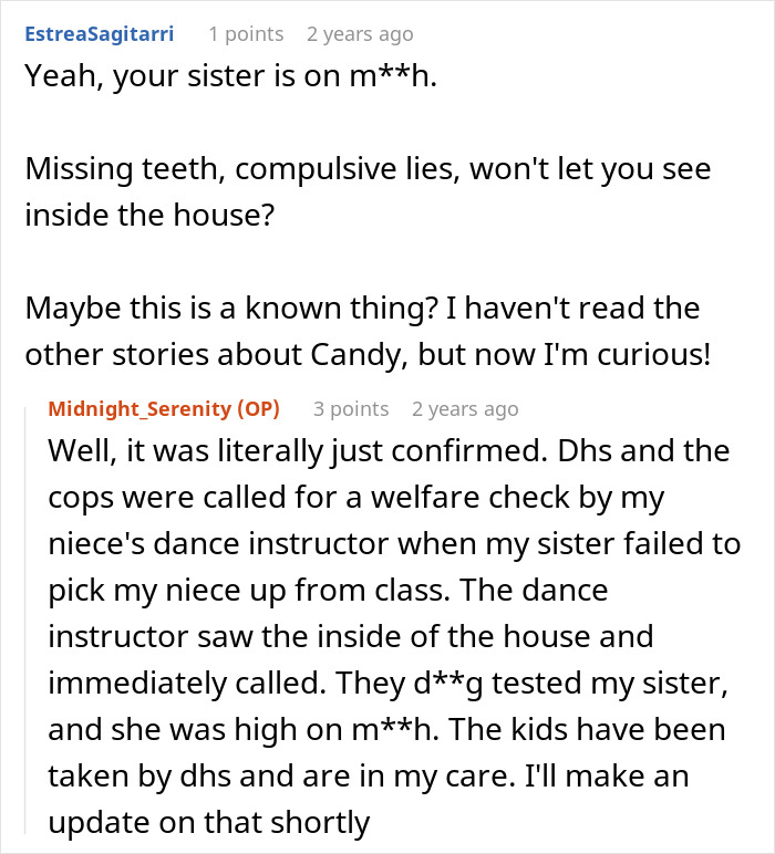 Screenshot of an online discussion about sister threatening to call cops and DHS welfare check on kids in a controversial family situation.