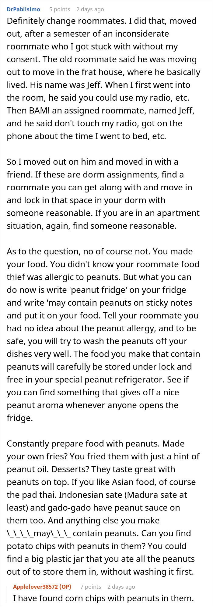 Comment discussing a roommate food thief with peanut allergy and advice on managing peanut contamination risks.