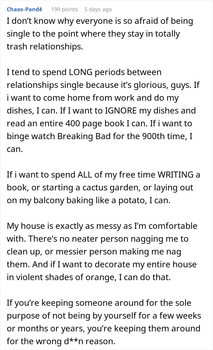 Screenshot of a social media post discussing freedom after relationships, unrelated to girlfriend wants quit job won lottery.