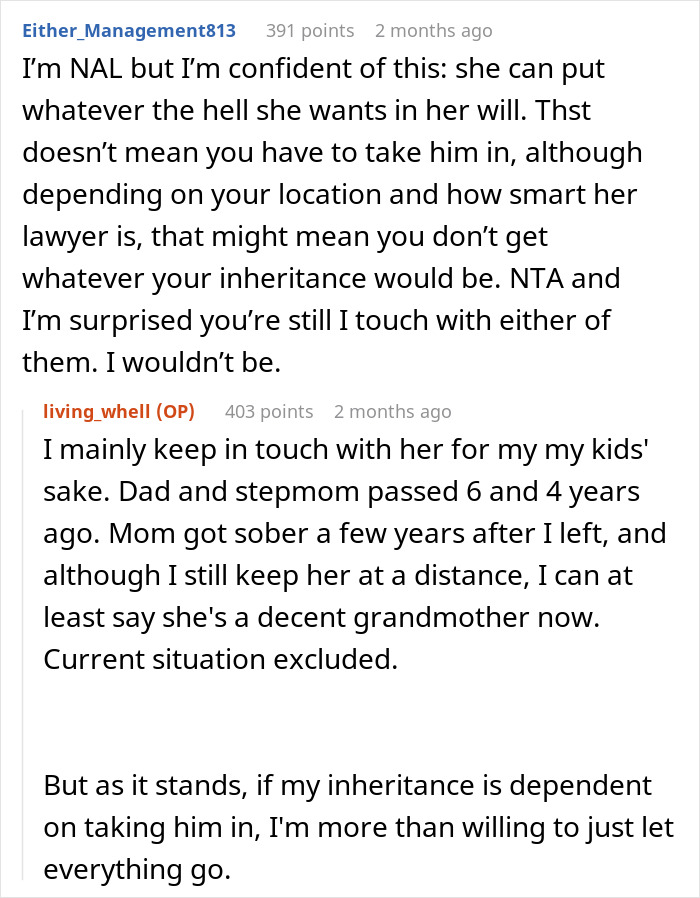 Screenshot of a Reddit conversation discussing a guy refusing to look after his lazy, entitled disabled brother.