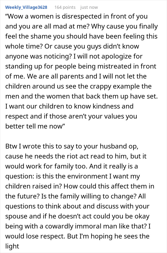 Comment defending cousin's wife, standing up against rude hubby, and addressing family disrespect and values.