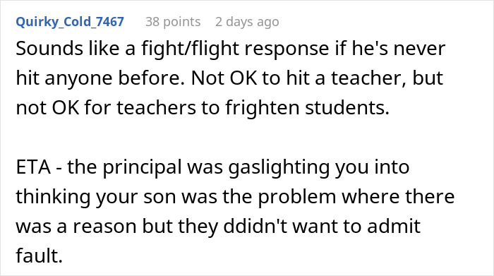 Comment discussing a teacher scaring a student during class leading to a shocked hit and suspension concerns.