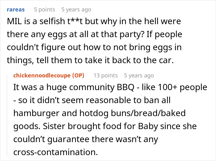 Discussion about MIL ignoring child's severe allergy and allergen cross-contamination risks at a large community BBQ.