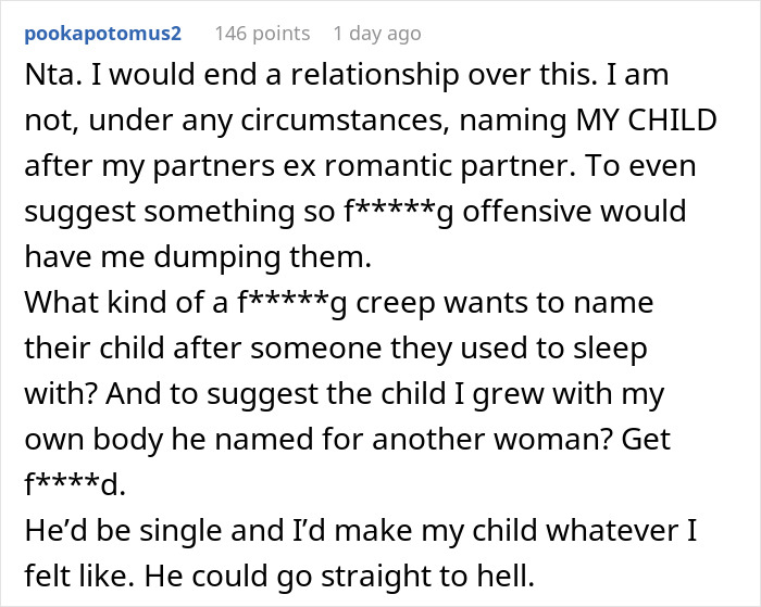 Screenshot of a heated online discussion about a man wanting to name his baby after his first girlfriend, upsetting his wife. Screenshot of a heated online discussion about a man wanting to name his baby after his first girlfriend, upsetting his wife.