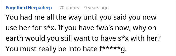 Screenshot of a Reddit comment discussing relationships and feelings after discovering infidelity in a casual online forum.