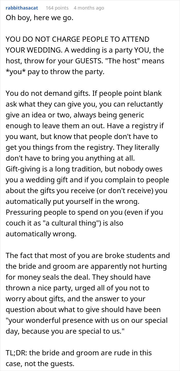 Screenshot of online comment criticizing bride demanding $200 from friends after cheap wedding shower gifts sparked her wrath.