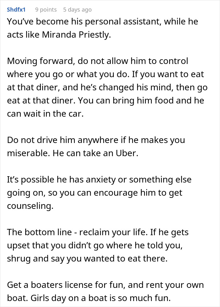 Text advice about a man refusing to check a restaurant menu while in car, and wife deciding not to eat out.