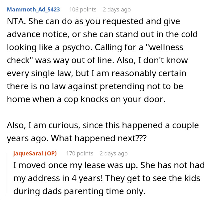 Text conversation discussing a woman showing up unannounced at ex-DIL’s doorstep and calling cops over access refusal. Text conversation discussing a woman showing up unannounced at ex-DIL’s doorstep and calling cops over access refusal.