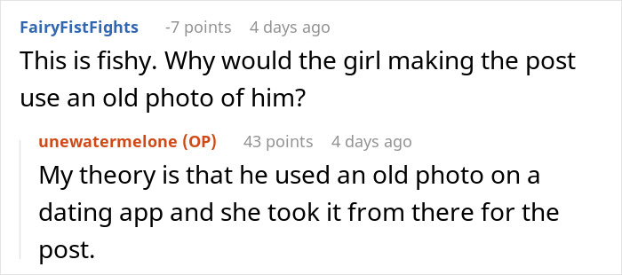 Screenshot of a conversation discussing use of an old photo on a dating app related to friends husband dating the same guy.