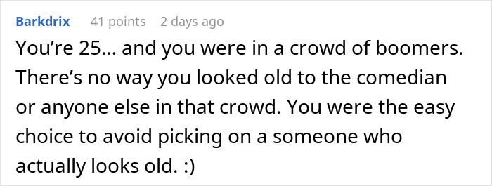 Comment on Reddit discussing a woman’s experience at a stand-up show, mentioning feelings instead of laughter. Comment on Reddit discussing a woman’s experience at a stand-up show, mentioning feelings instead of laughter.