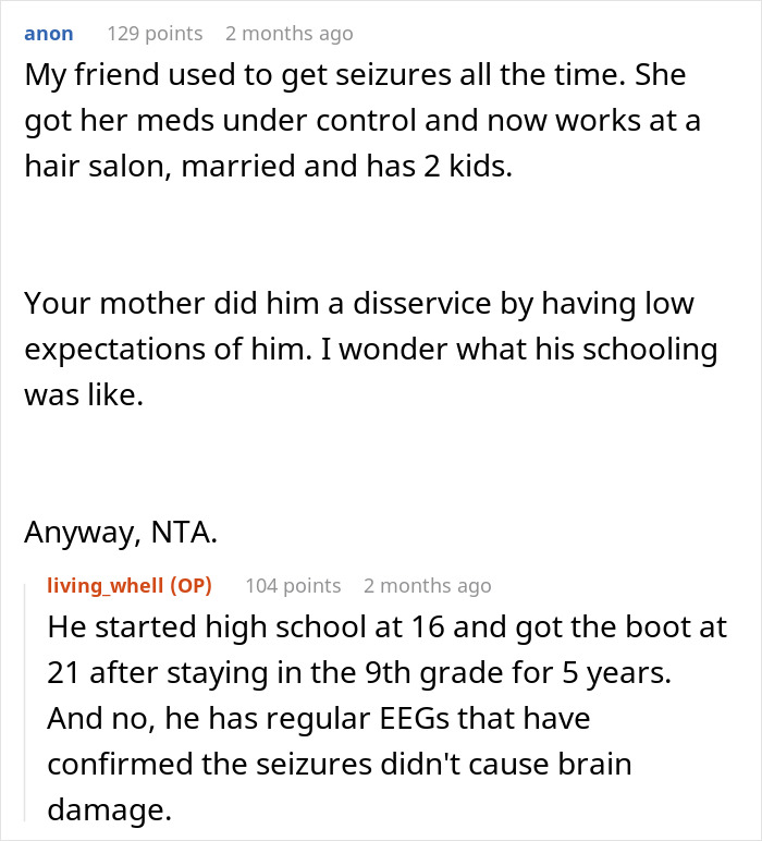 Reddit comments discussing a guy refusing to look after his brother labeled disabled but seen as lazy and enabled by their mother.