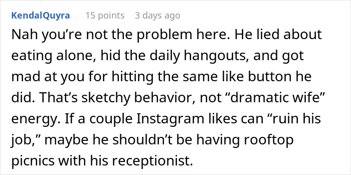 Comment discussing a man worried about wife's petty drama risking his job, but it leads to losing his marriage instead.