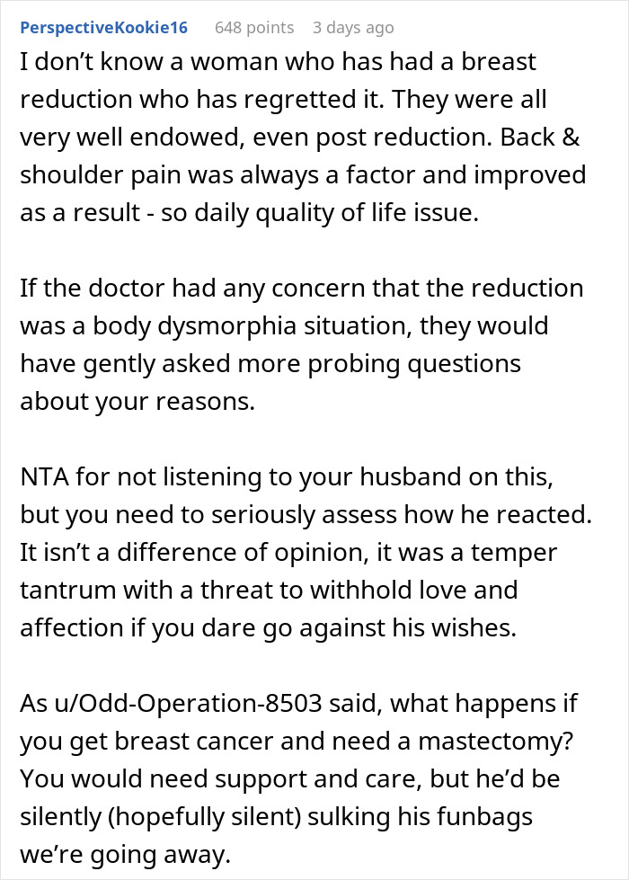 Text discussing husband giving ultimatum over plastic surgery and considerations of breast reduction benefits and relationship impact