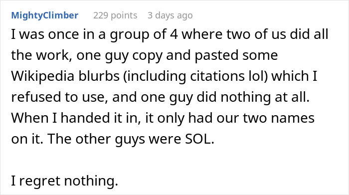 Screenshot of a forum comment describing group project fails due to lazy teammates expecting the smart one to do everything.
