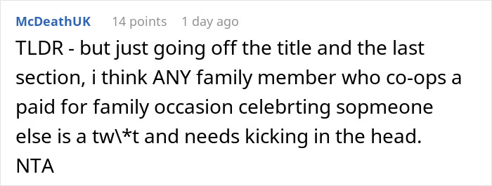 Comment on a post about a woman shutting down her brother&rsquo;s proposal at her baby shower, discussing family dynamics and respect.