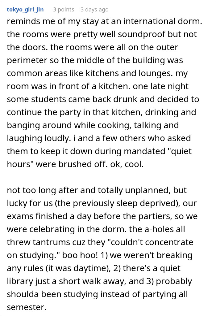 Reddit post discussing a student&rsquo;s petty revenge after a neighbor blasted music late at night in a dorm setting.