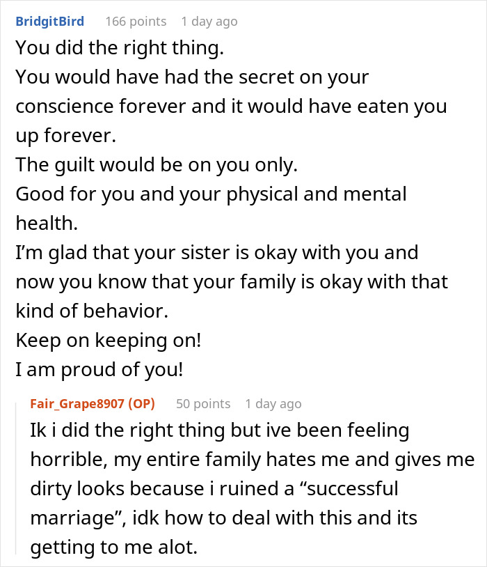 Reddit discussion about a woman exposing her brother-in-law&rsquo;s cheating, sparking family conflict and potential divorce.