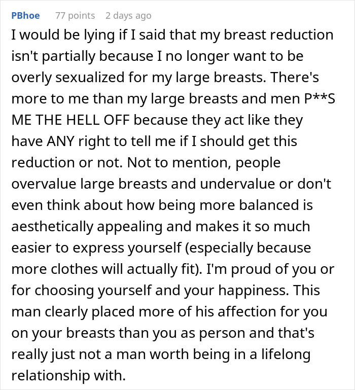 Comment discussing breast reduction and plastic surgery, addressing a husband's ultimatum in a relationship context.