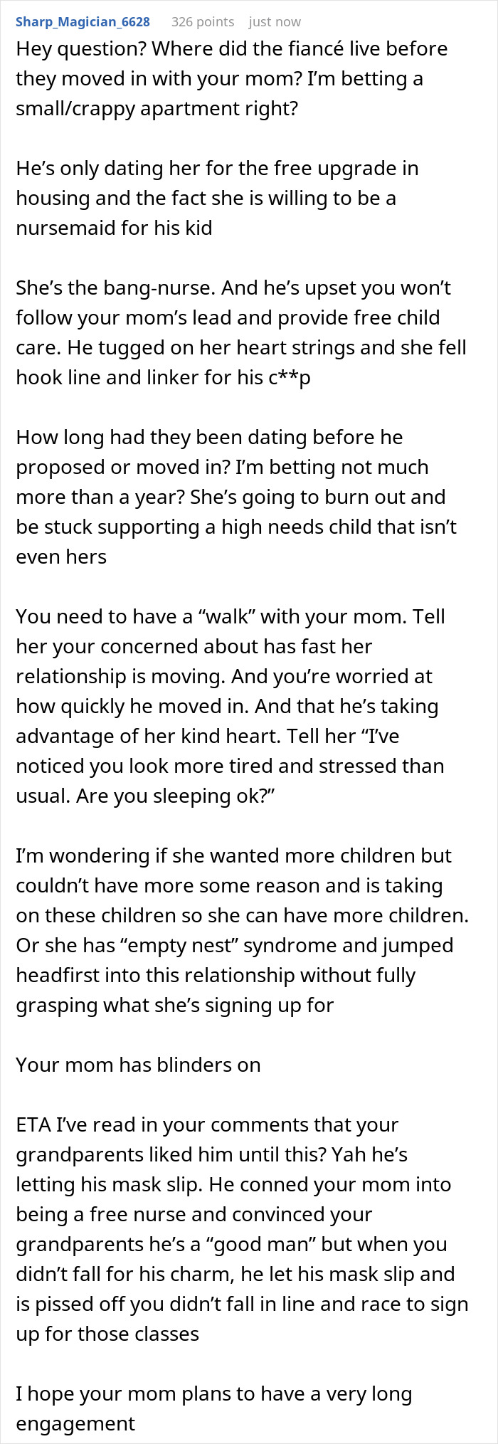 Comment discussing a mom trying to recruit 20YO son to care for fiance’s disabled daughter and his refusal. Comment discussing a mom trying to recruit 20YO son to care for fiance’s disabled daughter and his refusal.