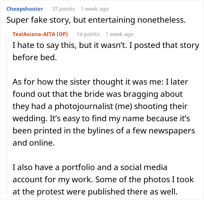 Confrontation at wedding as bride&rsquo;s sister challenges photographer over school project photos taken at university.