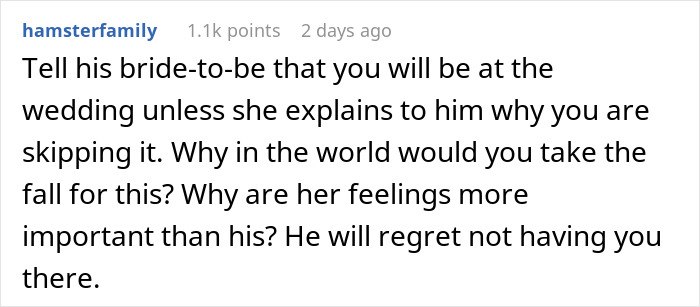 Comment discussing groom kissing best friend at bachelor party and bride banning him from wedding over a secret.
