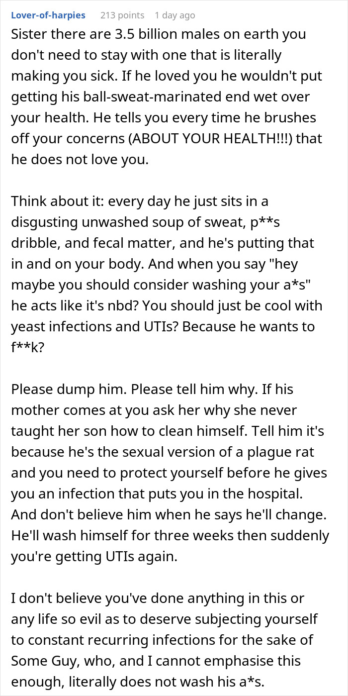 Comment discussing partner prone to infections, refusing testing, and the impact on health and marriage reconsideration.