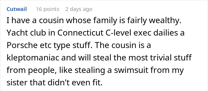 Text post about wealthy family member who is a kleptomaniac stealing trivial items, linked to a purse fiasco ending a friendship.