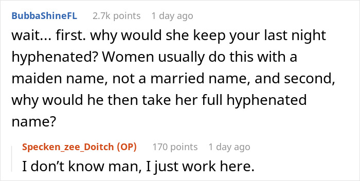 Screenshot of a Reddit conversation about a man&rsquo;s ex-wife and her new husband changing their name to his full name.