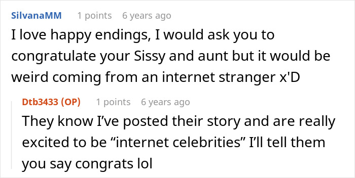 Screenshot of an online comment thread discussing sister sending adoption papers after babysitting offer misunderstanding.