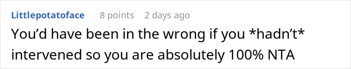 Screenshot of a Reddit comment stating support for a mom intervening, highlighting the husband’s problem and her exit plan strategy. Screenshot of a Reddit comment stating support for a mom intervening, highlighting the husband’s problem and her exit plan strategy.