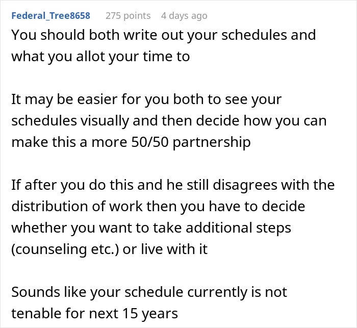 Text advice on managing schedules when a husband expects wife to work and study full time with two kids.