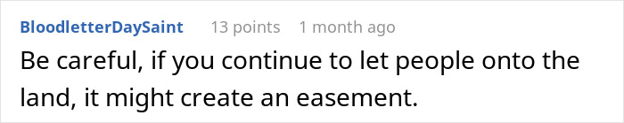 Comment warning about potential easement creation if people are allowed to walk dogs on private land.