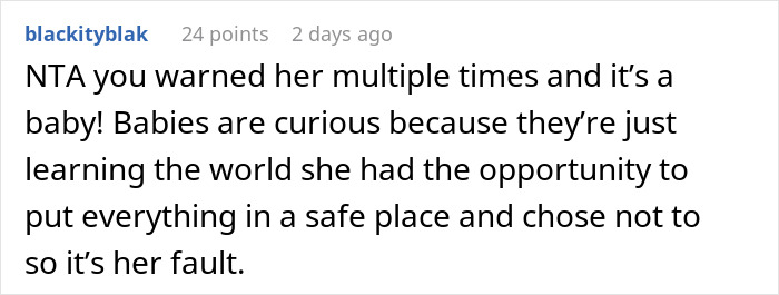 Screenshot of a Reddit comment discussing refusal to pay &pound;2,300 after baby breaks iPhone and Gucci sunglasses.