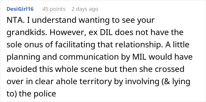 Comment discussing a woman showing up unannounced at ex-DIL’s doorstep and calling cops after being denied entry. Comment discussing a woman showing up unannounced at ex-DIL’s doorstep and calling cops after being denied entry.
